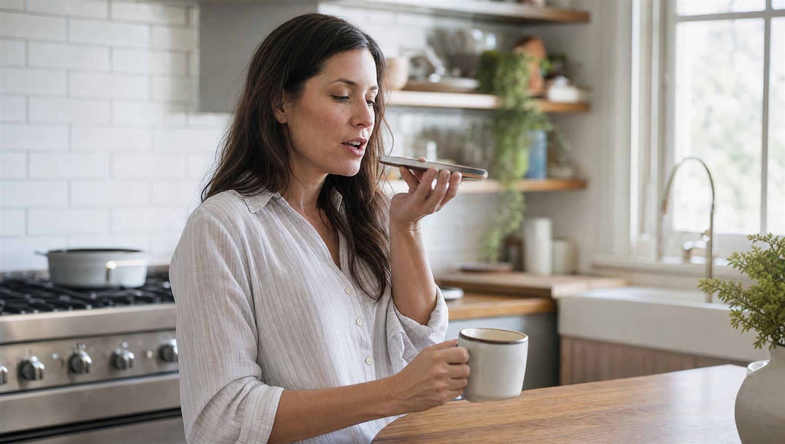 A homeowner checking a phone screen showing an AI assistant chat while sitting in a kitchen