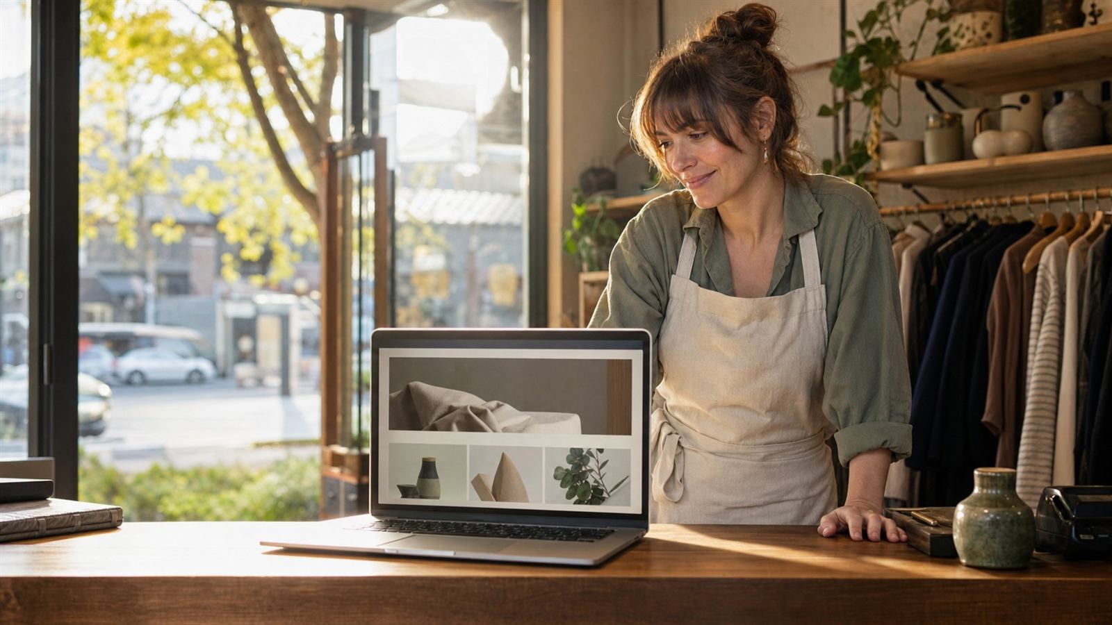 Local business owner checking their website on a phone next to a tablet showing a booking calendar, storefront visible in the background
