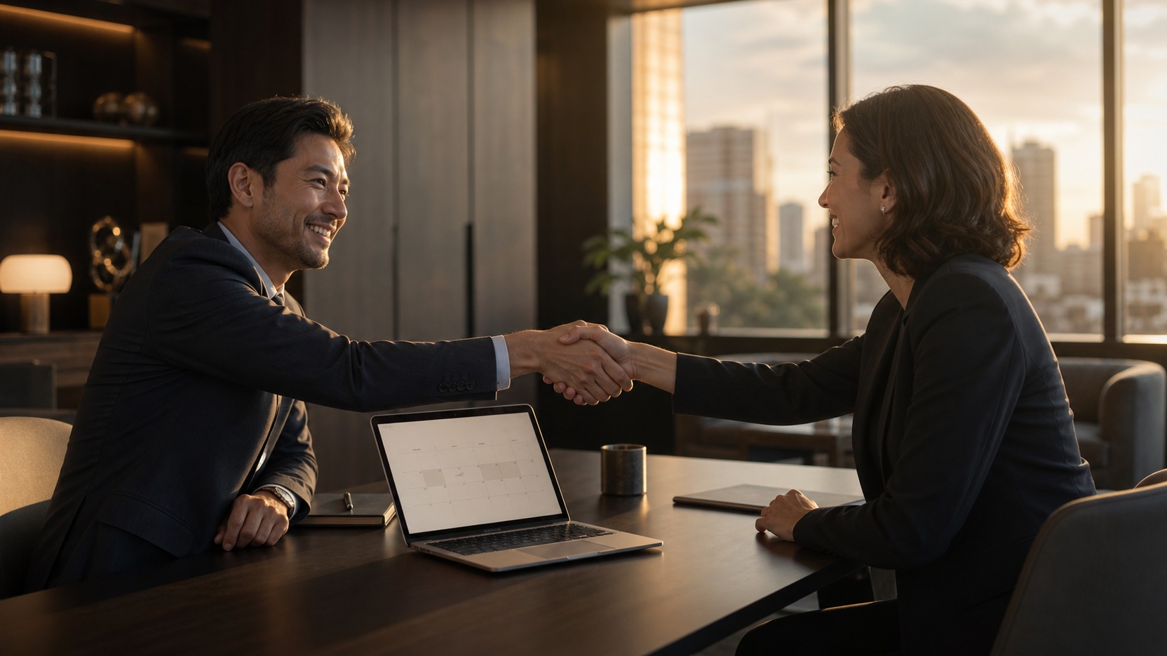A welcome handshake across the table at the start of onboarding